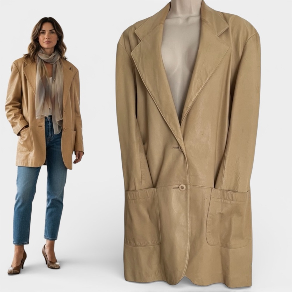 OVERSIZED BLAZER 80s MAGLIA Leather Pockets Butter Color Vintage​ Scandi Girl